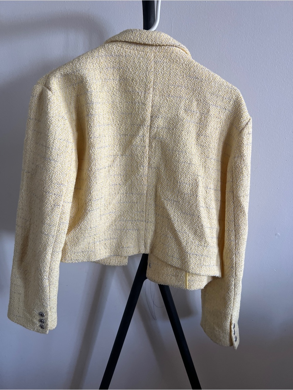 Maje yellow cropped tweed lurex jacket Metallic Silver snap button /Size 42 / L - Picture 6 of 8